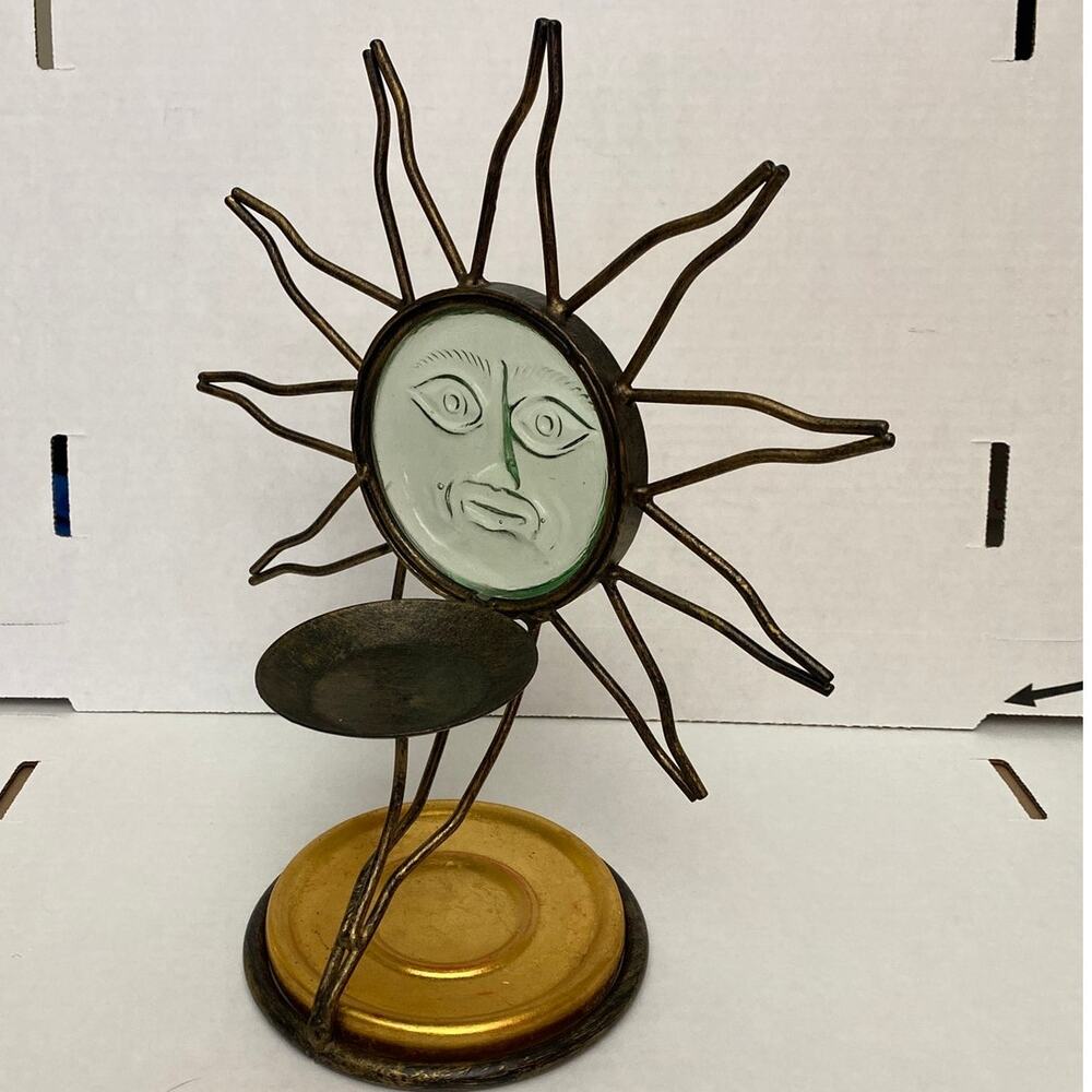Large Vintage Celestial Face Sun God Metal Glass Candle Holder Votive Witchy 90s - Picture 5 of 14